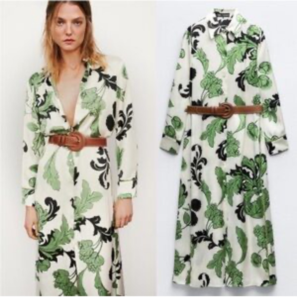 Zara White and Green Floral Long Sleeve Dress